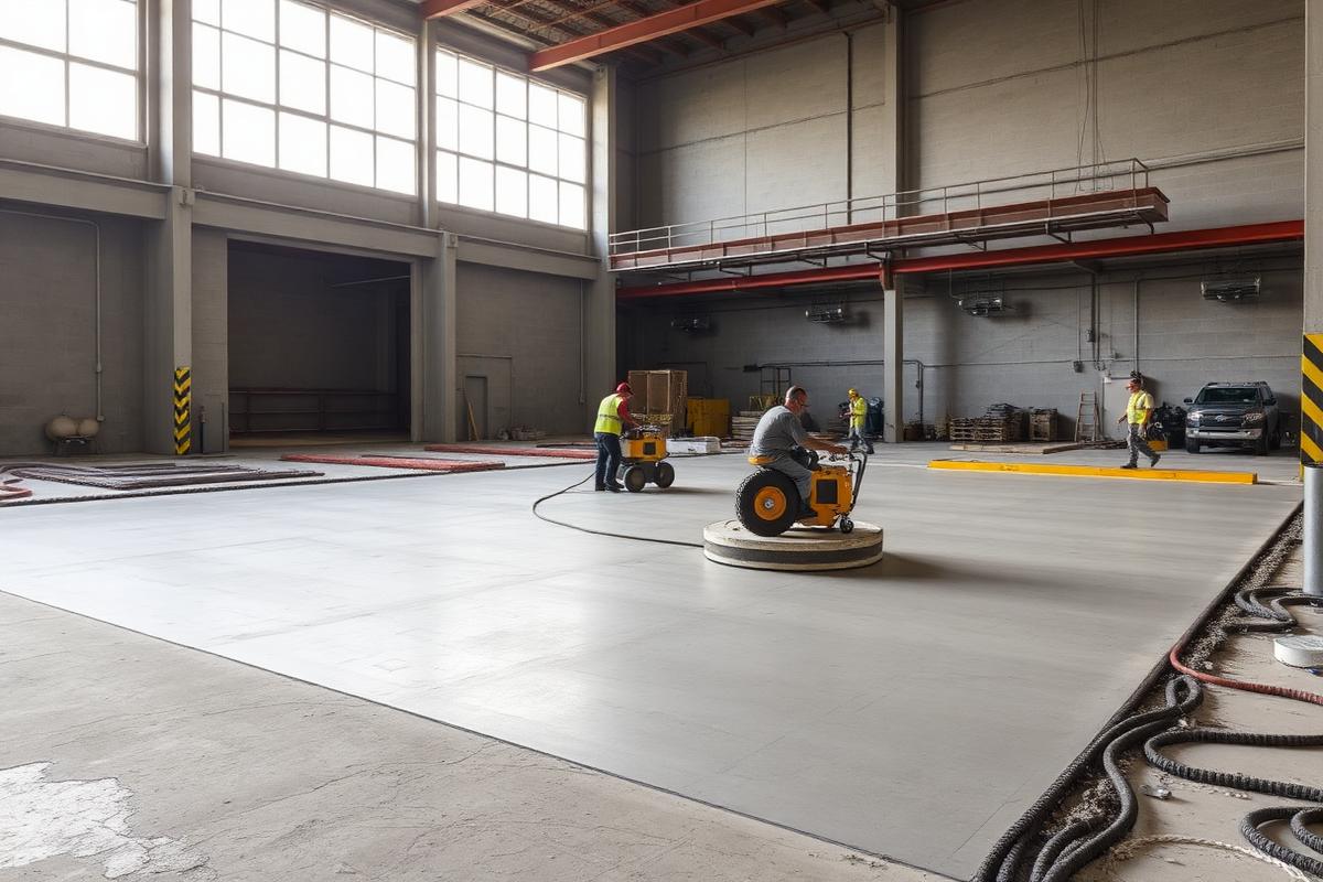Commercial concrete slab being power troweled