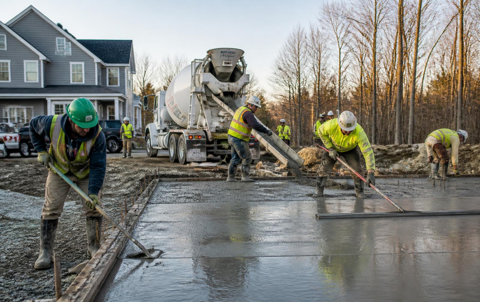 Simmons Concrete Construction crew screeding a fresh concrete slab